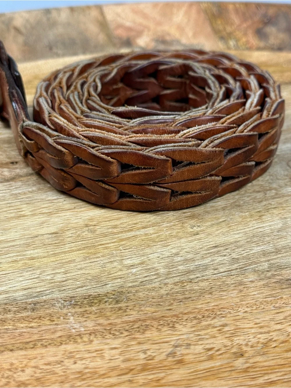 Vintage Brown Woven Leather Belt Size 42 Solid Brass Buckle